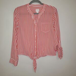 CHICOS CORAL & WHITE VERTICAL STRIP SHEER TIE FRONT BUTTON DOWN TOP SIZE 0